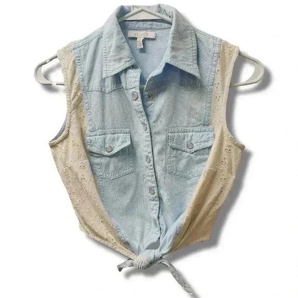 dELiA*s Tops - Delia's Women's XS Blue Denim Lace Accent Sleeveless Top with Tie Hem